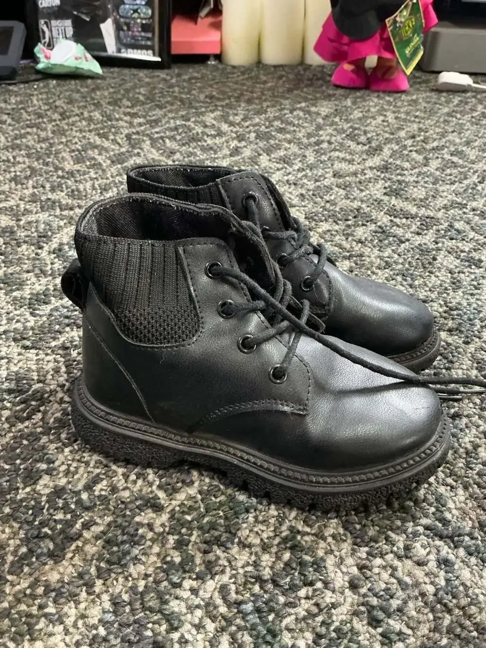 Toddler Lace-Up Ankle Boots with Knit Collar, Black